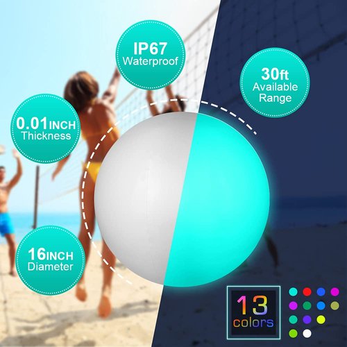 Icnice LED Beach Balls Glow in Dark Party Supplies, 2pcs Inflatable Light up Ballon 16'' Floating Pool Light with Remote 16 Color 4 Mode Beach Game Pool Toy Kickball for Neon Party Decoration-4 Lights