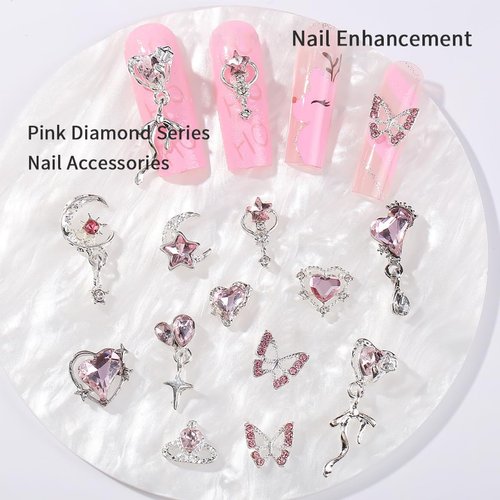 BMKKOT Butterfly Nail Charms for Nail Art 3D Heart Crown Nail Art Charms Pink Nail Gems Stars Nail Rhinestones Moon Heart Charms Nail Jewels Supplies Silver Nail Charms for Women DIY Nail Decoration