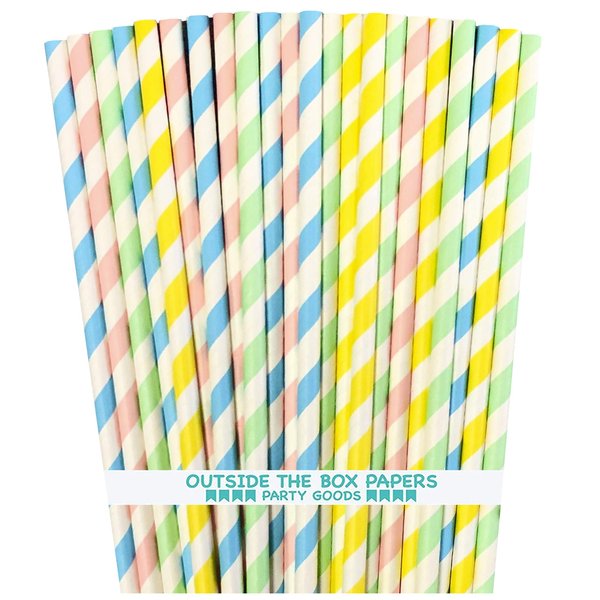Pastel Stripe Easter Paper Straws - Light Blue Blush Pink Yellow Mint Green - 7.75 Inches - 100 Pack