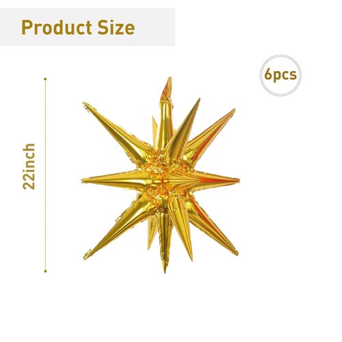 6 Pcs Gold Star Foil Balloons One-Piece 14-Pointed Star Balloons 4D Starburst Cone Mylar Balloons 22inch Christmas Birthday Wedding Wedding Anniversary Party Supplies(Gold)