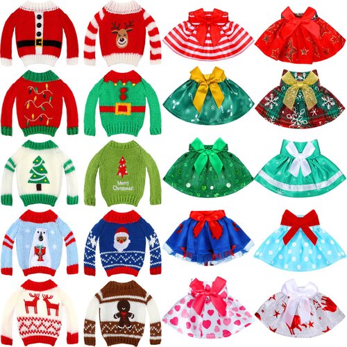 Hercicy 20 Pcs Christmas Elf Doll Clothes Christmas Elf Accessories Outfit Dress Sweater Skirts Knitted Clothing with Santa Xmas Tree Elk Snowman Print for Doll Holiday Xmas Gift, Doll Not Included