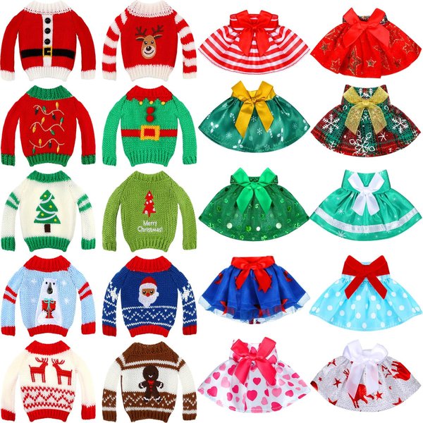 Hercicy 20 Pcs Christmas Elf Doll Clothes Christmas Elf Accessories Outfit Dress Sweater Skirts Knitted Clothing with Santa Xmas Tree Elk Snowman Print for Doll Holiday Xmas Gift, Doll Not Included