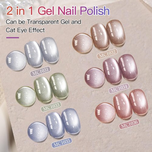 Double Rhythm Cat Eye Gel Nail Polish Set of 6 Colors Shimmer Glitter with Magnet 9D Holographic Reflective Magnetic Nail Polish (Silver Blue Orange Green Purple Pink -Kit 24)
