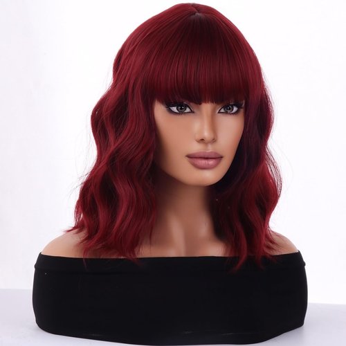 WTHCOS Wine Red Wig Short Bob Wig Short Curly Wavy Wig With Bangs for Women Burgundy Wig Heat Resistant Synthetic Hair Wigs for Daily Use Cosplay Wig With Wig Cap