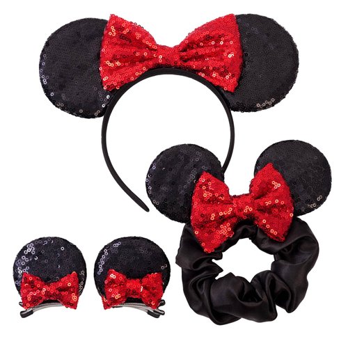Poise3EHome Minnie Mouse Ears Handband for Women - Mouse Ear Hair Clips for Girls - Mouse Ears Scrunchies with Sequin Bow (Black Ears & Red Bow)