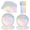 96PCS Happy Birthday Party Supplies Iridescent Glitter Diamond Theme Party Decorations Set Include Paper Plates, Napkins, Forks Disposable Tableware for Women, Girls Birthday Party, Serves 24 Guests