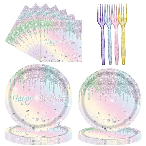 96PCS Happy Birthday Party Supplies Iridescent Glitter Diamond Theme Party Decorations Set Include Paper Plates, Napkins, Forks Disposable Tableware for Women, Girls Birthday Party, Serves 24 Guests