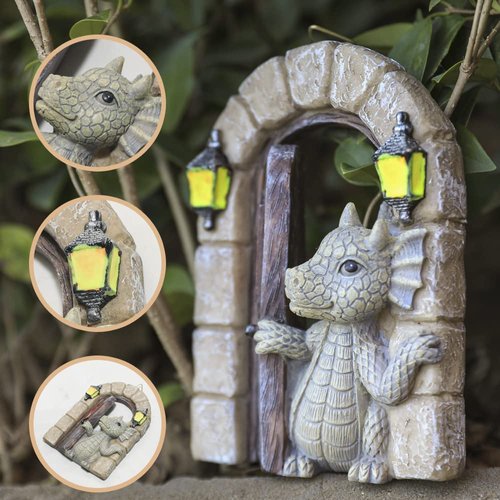 SHOWFEICAT Dragon Garden Ornament Resin Craft Ornament Statue Fairy Door Yard Art Outdoor and Garden Solar Light Luminous Sand Open Door Dragon Wall Statue Outdoors Decor (Open The Door)
