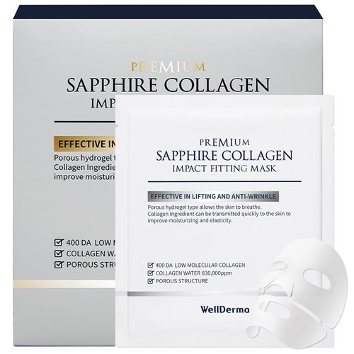 WELLDERMA Sapphire Collagen Face Mask 4ea - Overnight Hydrating & Firming Korean Hydrogel Mask with High Norwegian Collagen Content - Deep Absorption, Moisturizing, Elasticity Boost for All Skin Types
