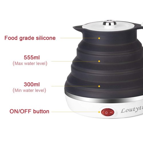 Ultrathin Upgraded Food Grade Silicone Travel Foldable Electric Kettle Boil Dry Protection Portable with Dual Voltage and Separable Power Cord,555ML 110-220V US Plug