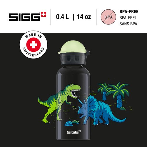 Sigg - Kids Water Bottle - KBT Glow Dinosaurs - With Glow Top - Leakproof - Lightweight - BPA Free - 100% Recycled Aluminum - Black - 14 Oz