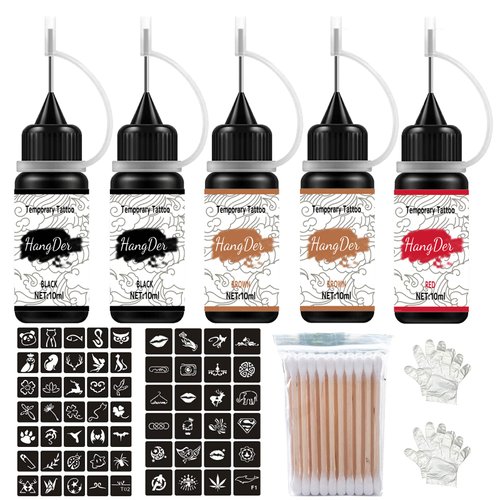 Temporary Tattoos Kit, Yomagine Semi Permanent Tattoo Ink, DIY Fake Freckles Temporary Tattoos for Women Men Kids, Summer Trend Freehand Ink with 78 Pcs Tattoo Stencils, Jagua Gel - Full Kit 5 Bottles