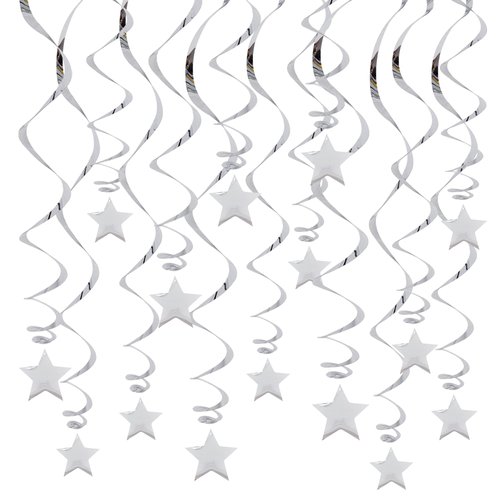 BEISHIDA Silver Star Hanging Swirl Decorations,Hanging Silver Party Supplies for Graduation Wedding Baby Shower Decorations, Pack of 15