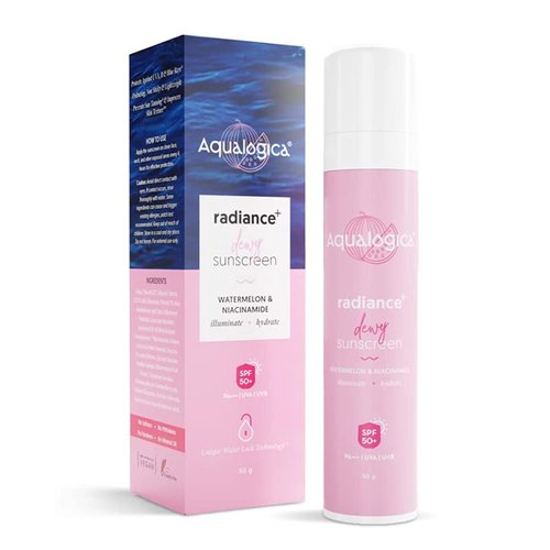 Aqualogica Radiance+ Dewy Face Sunscreen with SPF 50+ & PA+++ | Broad Spectrum Protection & No White Cast | Gives Radiant Skin with Watermelon & Niacinamide | 1.76 Oz/50g