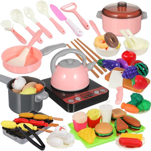 UPKOCH 86pcs Kids Play Kitchen Cooking Set Toys- Sound &Light Effect Fake Foods Pretend Playset, Mini Induction with Pots and Pans Kit,Cutting Food & Fruit, BBQ Grill Kitchen Play