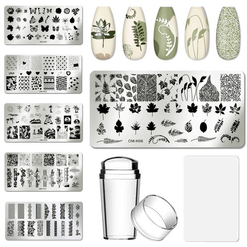 AddFavor Nail Art Stamper Kit 6pcs Flower Heart Leaf Lace Butterfly Stamping Plate Template with Silicone Nail Stamper and Scraper for Women Girls DIY Fingernail Manicure Stencils Tools