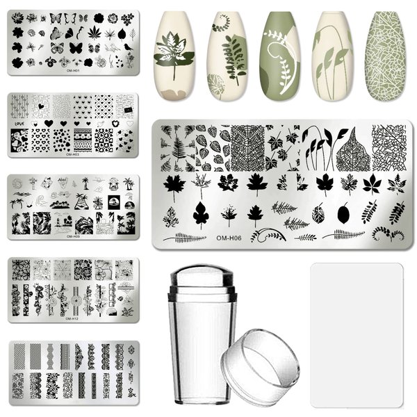 AddFavor Nail Art Stamper Kit 6pcs Flower Heart Leaf Lace Butterfly Stamping Plate Template with Silicone Nail Stamper and Scraper for Women Girls DIY Fingernail Manicure Stencils Tools
