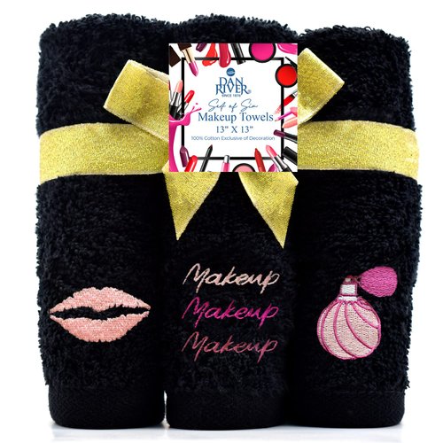 DAN RIVER Makeup Towel 100% Spun Cotton - (Pack of 6) Luxuriously Soft Reusable Makeup Remover Cloth, Facial Cleansing Cloth, of 6 13x13 Inch, Black Towels – Trio