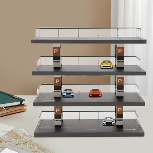 Generic 1/64 Scenery Diorama Parking Lot Vehicle Garage Acrylic Showcase New, Simulation Parking Lot Display Case Desktop Decor, Black 4 Tires