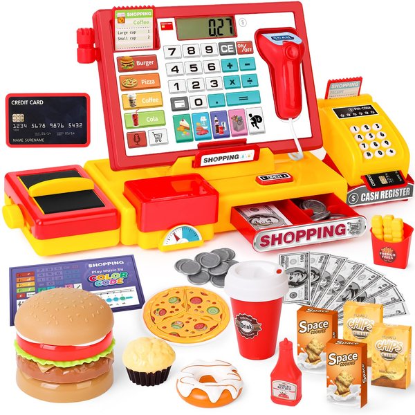 Kids Cash Register Toy with Scanner Realistic, Pretend Play Cash Register with Fast Food/Play Money/Credit Card/Calculator/Microphone Gift Ideas for Toddlers Girls Boys 2-4 3-5 4-8