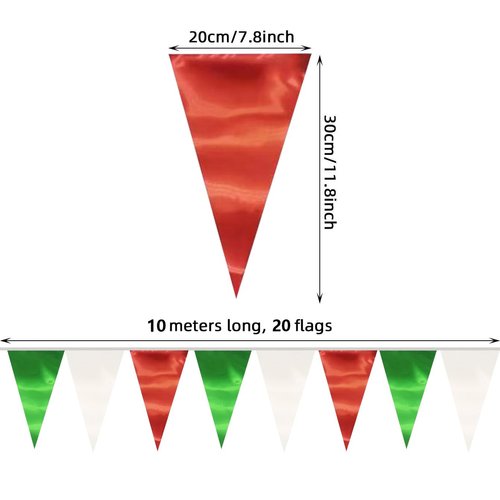 20M/65FT White Green Red Triangle Pennant Banner Flag Metallic Fabric Bunting Garland for Christmas Italy Mexican Birthday Baby Shower Wedding Banners,New Years Winter Decor Ouruola