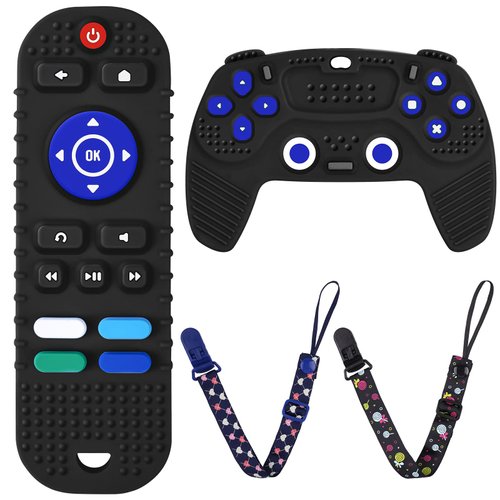 2PCS Silicone Baby Teething Toys, Remote Control Shape Teething Toys and Game Controller Teether Toy with 2PCS Pacifier Clip, BPA Free Silicone Remote Teether for Baby 3+ Months,Frozen(Black)