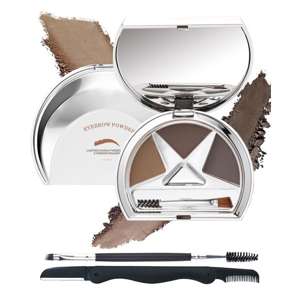 Eyebrow Powder Kit-3 Colors Longlasting Waterproof Eye Brow Powder Palette,Tinted Brow Powder Medium Dark Grey Brown Brow Filler, Christmas Makeup Gift for Women Girl, With Brow Tool-Set 02