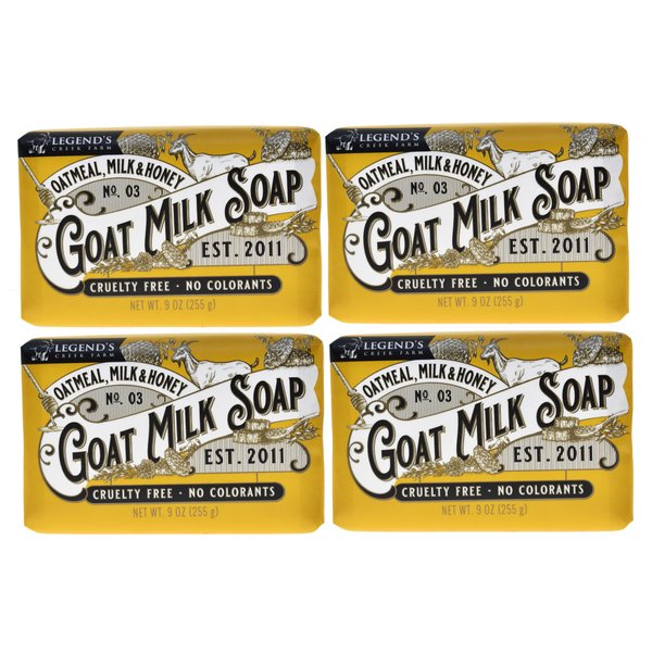 Legend's Creek Farm Goat Milk Soap - Triple Milled Moisturizing Soap Bar for Hands and Body - 9 Oz Creamy Lather, Nourishing, Natural Soap for Sensitive Skin (Oatmeal, Milk & Honey, Pack of 4)