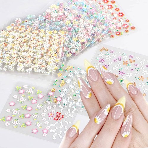 30PCS Flower Nail Art Stickers 3D Self-Adhesive Colorful Flower Nail Art Supplies Yellow Daisy Nail Decals Pink Floral Nail Design Cute Heart Nail Stickers for Women Nail Art Manicure Tips Decoration