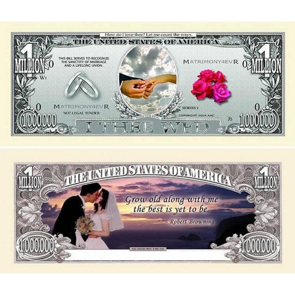 10 Wedding Million Dollar Bills with Bonus “Thanks a Million” Gift Card Set