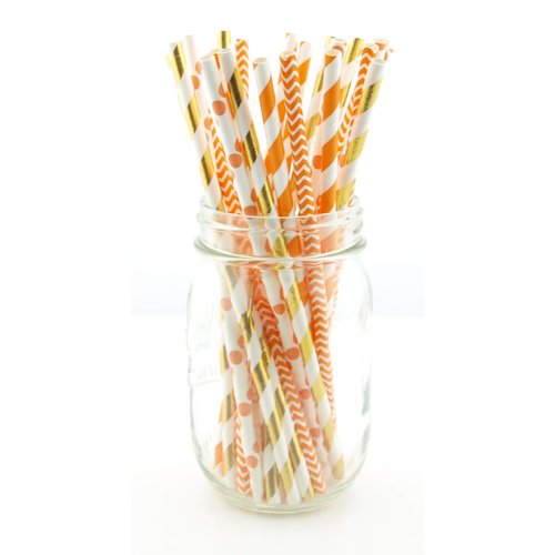Thanksgiving Dinner Straws (25 Pack) - Fall Leaf Autumn Wedding Party Supplies, Orange & Gold Assorted Paper Straws for Thanksgiving Table Decor