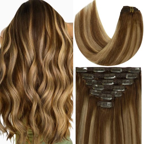 Loxxy Human Hair Extensions Ombre Chocolate Brown to Caramel Blonde Thick Silky Straight Clip in Double Weft Brazilian Human Hair Extensions Full Head color R#4-4/27 14 Inch 120g