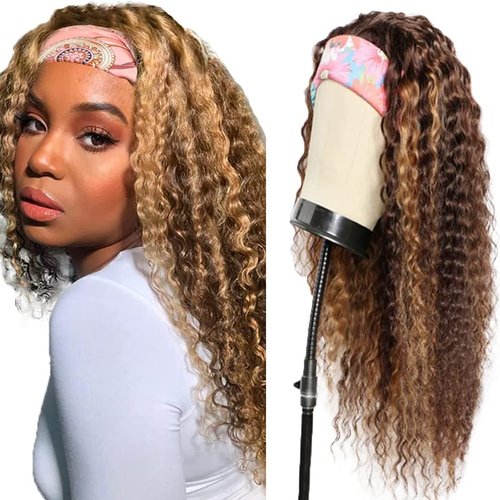 GzorOuzr P4/27 Curly Wave Headband Human Hair Wigs Highlight Brazilian Remy Hair Wigs For Women 130% Density Glueless No Lace Wig Honey Blonde Headband Wigs 26 Inch