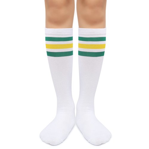 Henwarry Kids Toddler Soccer Socks Classical Stripes Cotton Soft Over the Calf Tube Socks for Boys Girls (A15-Green/Yellow/White)