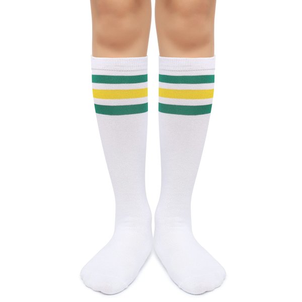 Henwarry Kids Toddler Soccer Socks Classical Stripes Cotton Soft Over the Calf Tube Socks for Boys Girls (A15-Green/Yellow/White)