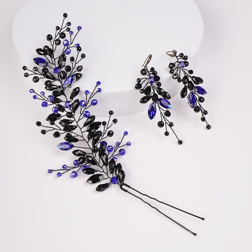 JWICOS Bridal Hair Pins Earrings Set Baroque Black Blue Crystal Hair Pins Wedding Hair Accessories for Bride Women Prom