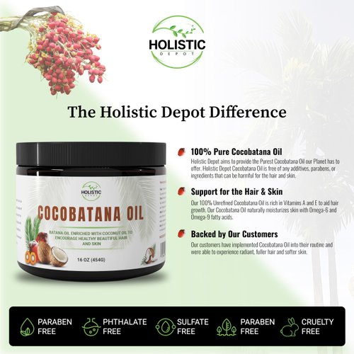 Holistic Depot CocoBatana Oil 16 Oz (454G) Batana Oil Enriched with Coconut Oil to Support Hair Growth and Encourage Beautiful Skin