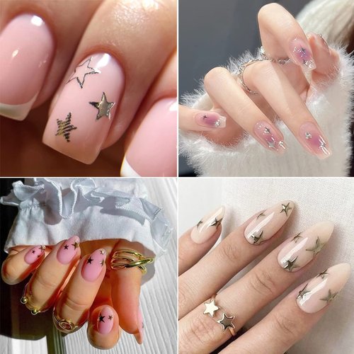 8 Sheets Metallic Nail Art Stickers Heart Nail Decals 3D Self-Adhesive Nail Art Supplies Luxury Heart Stars Gold Silver Nail Designs Stickers for Nail Decorations Manicure Accessories