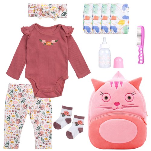 11 PCS Reborn Baby Doll Clothes Red Flower Design with Fox Backpack Diapers Accessories Set fit 17-22 Inch Baby Dolls Girl&Boy Reborn Doll Clothes Gift