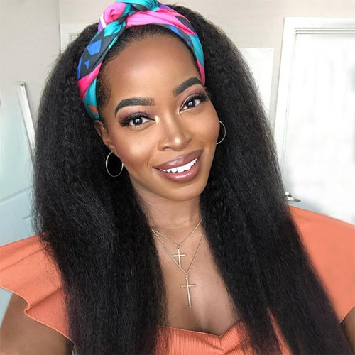 Guree Hair 18 Inch Kinky Straight Headband Wigs for Black Women Long Yaki Straight Wig with Hair Band Wear And Go Glueless Wig None Lace Front Synthetic Wig For Daily Party Use