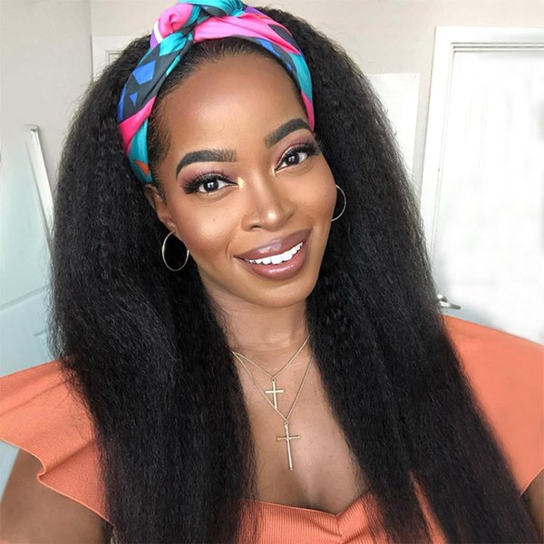 Guree Hair 18 Inch Kinky Straight Headband Wigs for Black Women Long Yaki Straight Wig with Hair Band Wear And Go Glueless Wig None Lace Front Synthetic Wig For Daily Party Use