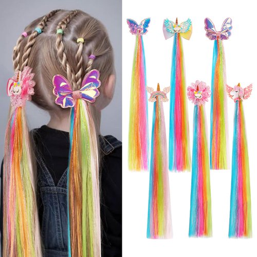 SOFEIYAN 6 Pcs Colored Hair Clips for Girls 15.8 in Straight Glitter Hair Clips Rainbow Hair Extensions With Unicorn Bow Girl Hair Accessories for Kids Toddler Birthday Gifts