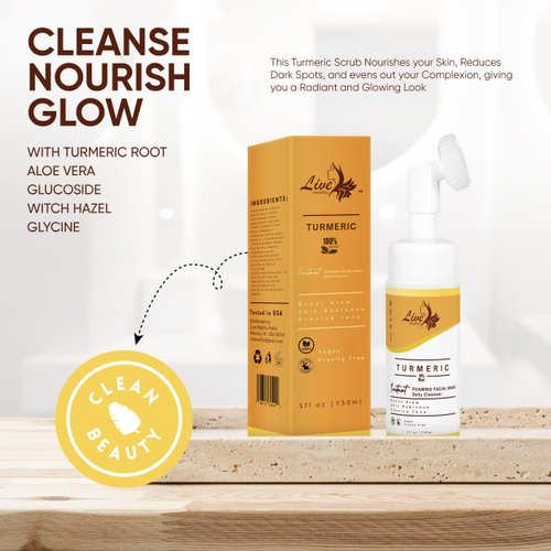 Live Healthy Turmeric Foaming Face Wash - Turmeric Face Wash with Brush, Deep Cleansing, Gentle, Facial Cleanser, Makeup Remover, Natural Formula for Acne, Blackhead & Oil Control, Hydrating - 150ml