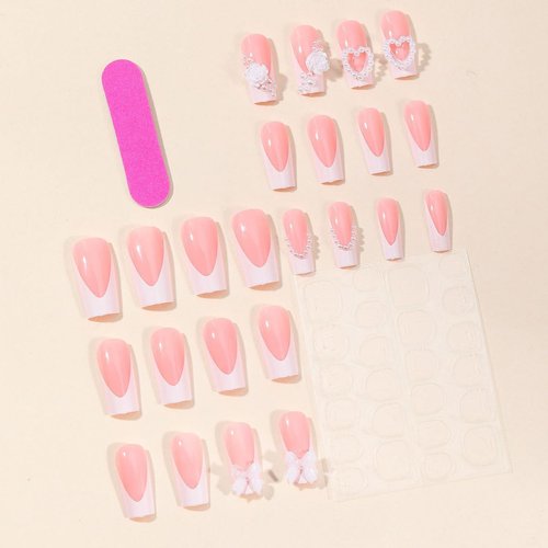24Pcs French Tip Press on Nails Medium Square Fake Nails 3D Bow Charms with Flower Design Glossy Full Cover White French Tip False Nails Rose Pearl Stick on Nails Acrylic Nails for Women Girls
