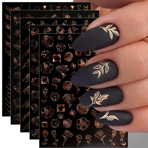 JMEOWIO 12 Sheets Flower Nail Art Stickers Decals Self-Adhesive Pegatinas Uñas Spring Summer Floral Gold Nail Supplies Nail Art Design Decoration Accessories