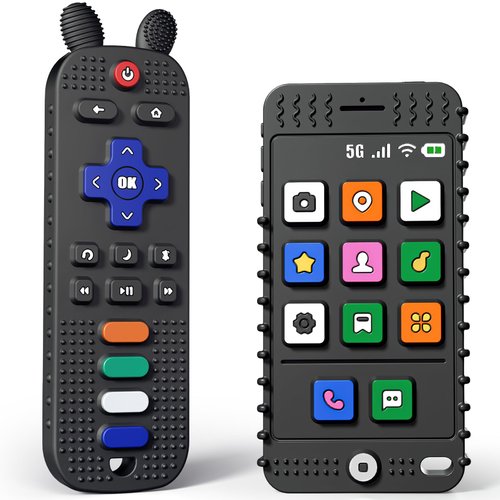 FFTROC TV Remote Control Shape Baby Teething Toys and Phone Shape Teether Toys for Babies 6-12 Months, Sensory Teether Chew Toys for Boys Girls Baby Toddlers Infant - Black