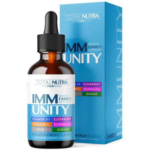 Total Immune 6-in-1 Liquid Multivitamin Supplement | 100% Daily Zinc, Vitamin D3 and Vitamin C Immunity Drops | Elderberry, Echinacea & Ginger Defense Support for Adults & Kids | 4 oz Passion Fruit