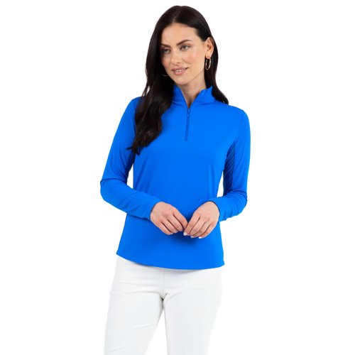 IBKUL Athleisure Wear Sun Protective UPF 50+ Icefil Cooling Tech Long Sleeve Mock Neck Top with Under Arm Mesh 80000 Blue Solid S