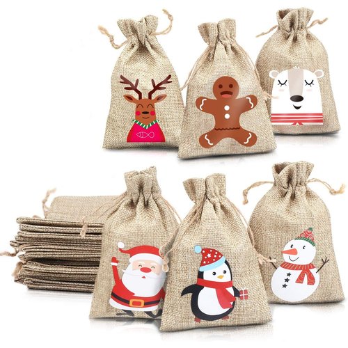 STEFORD Christmas Burlap Drawstring Gift Bags,24 PCS Christmas Jute Linen Burlap Gift Treat Candy Bags for Xmas Party Favors Supplies