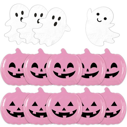 OGMOGKW Halloween Plates and Napkins,60pcs Pink Pumpkin Plates and Ghost Napkins Tableware Includes Cute Grimace Paper Plates and Spooky Napkins for Kids Birthday Pink Halloween Party Decorations